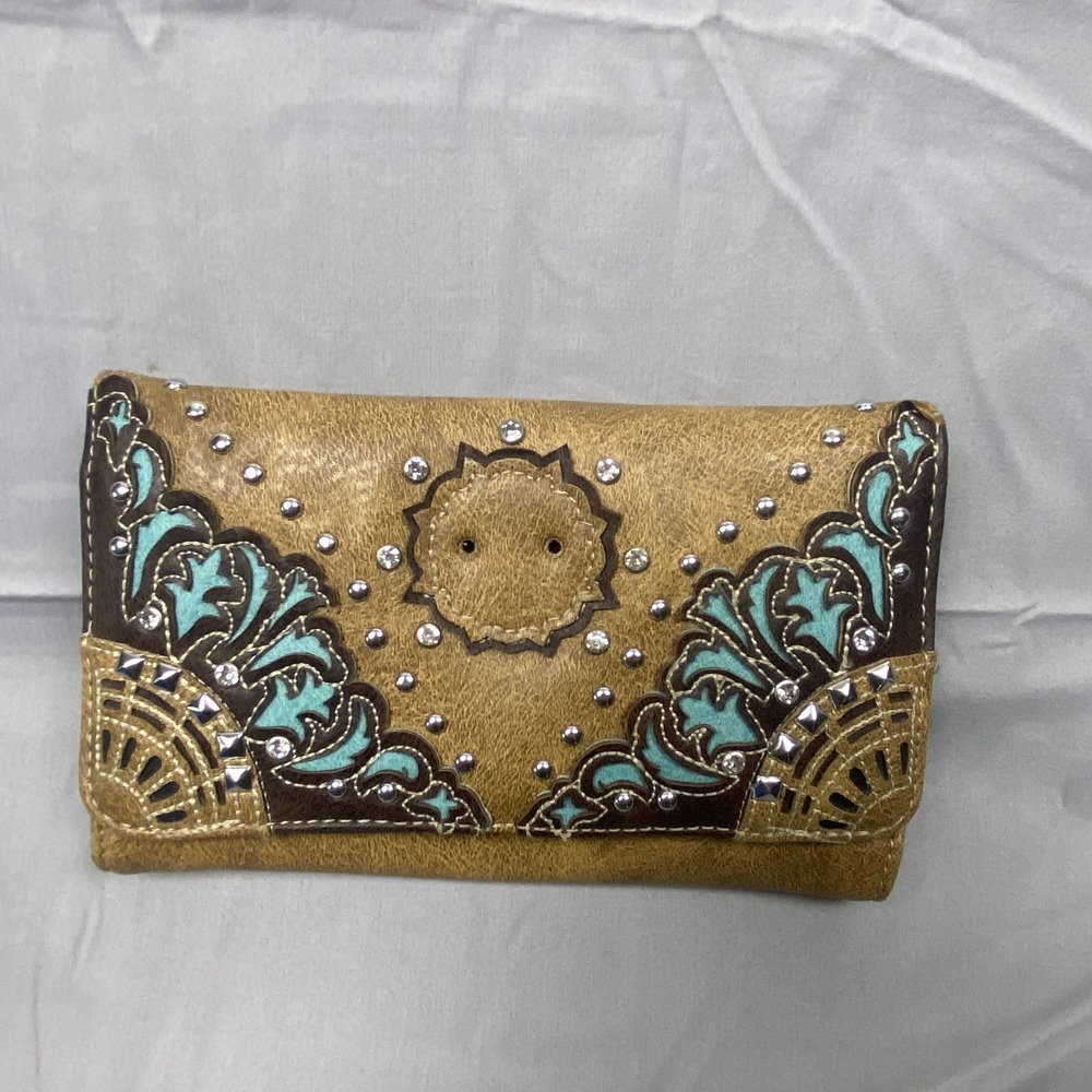 Women's Western Embroidered Rhinestone Clutch Wallet Brown‎ Turquoise